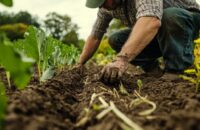 A farmer using a no-till technique on a regenerative farm, with healthy soil full of organic matter and roots.